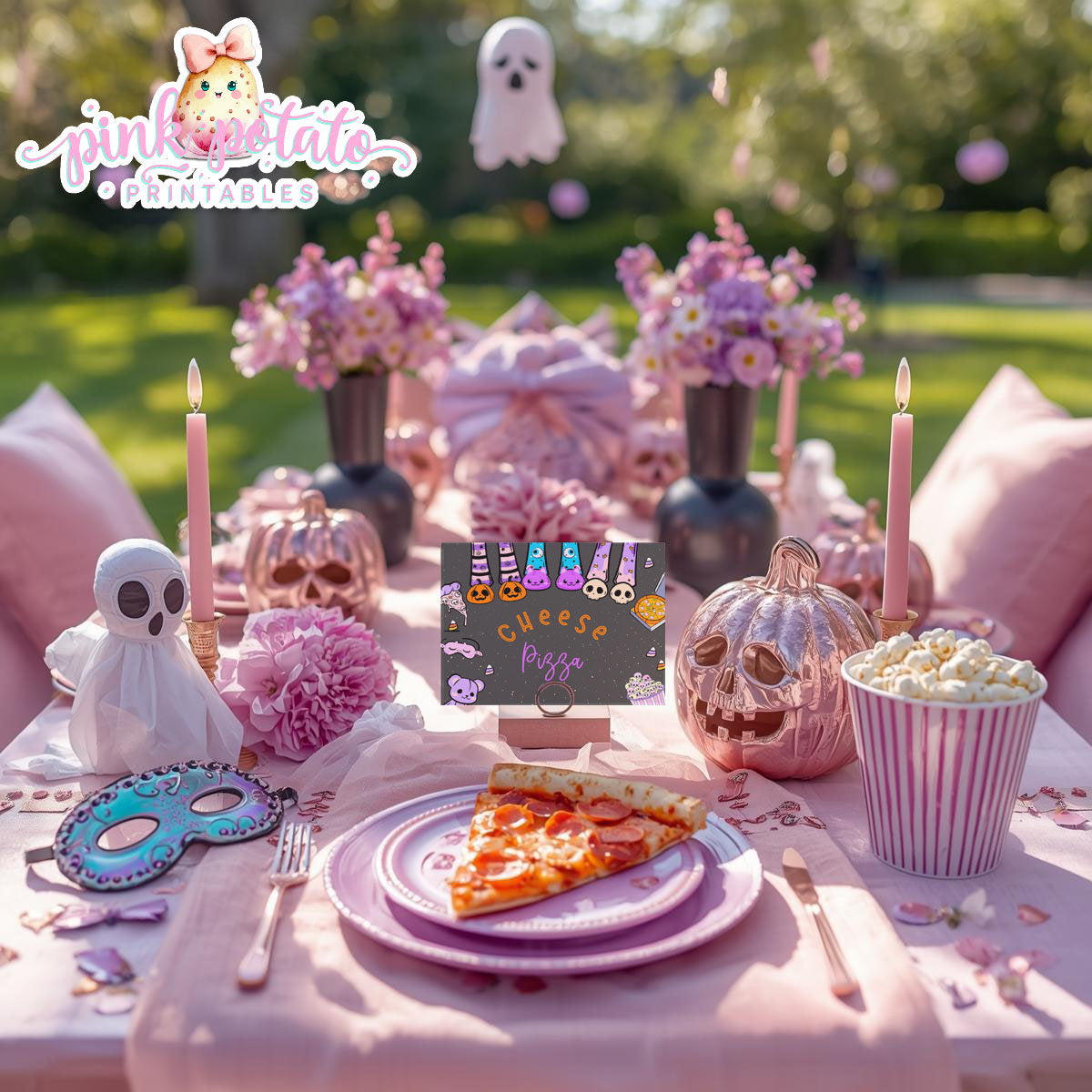 Spooktacular Slumber Party-Buffet Tent Cards-You Customize in Corjl-Place Cards-Food Labels-Sleepover-Halloween-Digital-DIGITAL DOWNLOAD