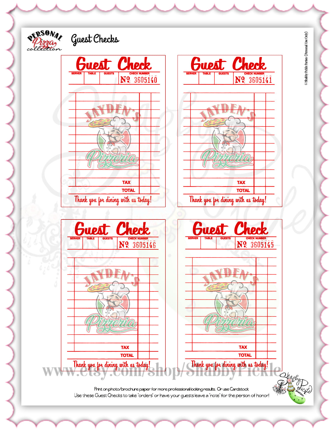 Personal Pizza-Guest Checks-We Customize Pizzeria Name (Only)-Playset-Pizza Party-Kids Pizza Shop-Printable-DIGITAL DOWNLOAD