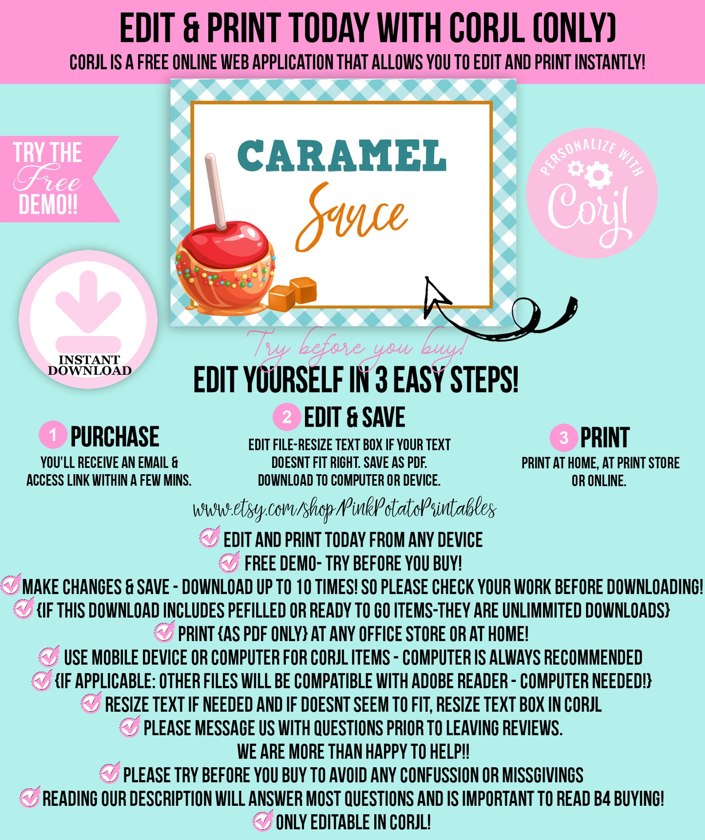 Caramel Apple-Caramel Apple Bar Buffet Cards-You Customize in Corjl-Toffee Apple-Caramel Apple Bar-Tent Cards-Digital-INSTANT DOWNLOAD