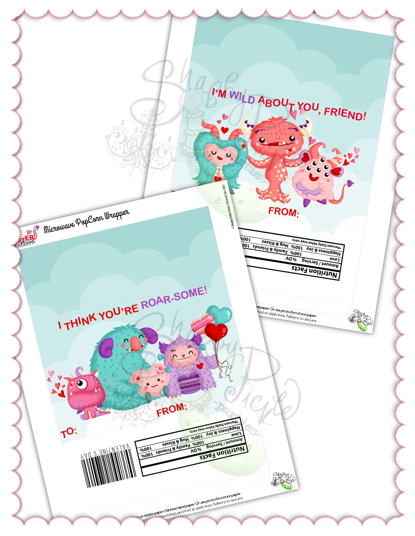 Valentine's Monsters-Valentine's Popcorn Wrapper Labels-2 Styles-Class Favors-Valentine's Day-Class Room Party-Digital-INSTANT DOWNLOAD