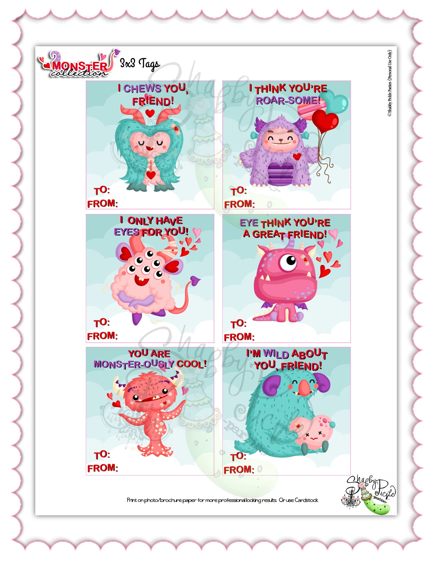 Valentine's Monsters-Valentine's Day 3x3 Tags-6 Styles-Class Favors-Valentine's Day-Class Room Party-Valentine-Digital-INSTANT DOWNLOAD