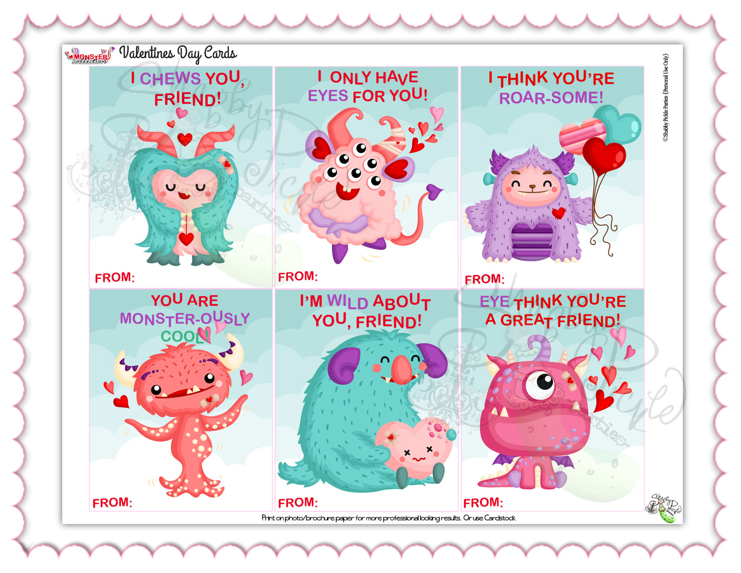 Valentine's Monsters-Valentine's Day Cards-6 Styles-Class Favors-Valentine's Day-Class Room Party-Valentine-Digital-INSTANT DOWNLOAD