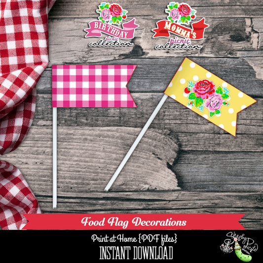 Birthday Party Picnic-Food Flags-Mother's Day-Party Printables-BBQ-Farmers Market-Celebrate Mom-Outdoor-Digital Decorations-Instant Download