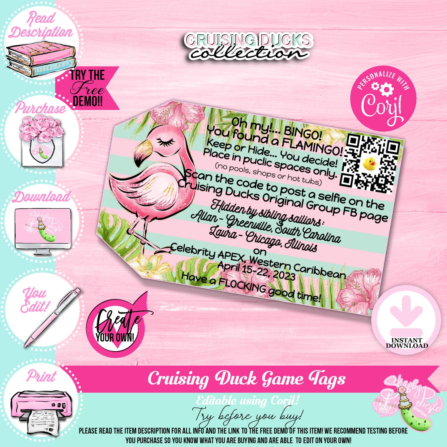 Cruising Duck Game-Flamingo2-Customize in Corjl-Cruise-Hidden Duck-Rubber Duckie-Rubber Flamingo-Cruising Flamingo-Print-INSTANT DOWNLOAD