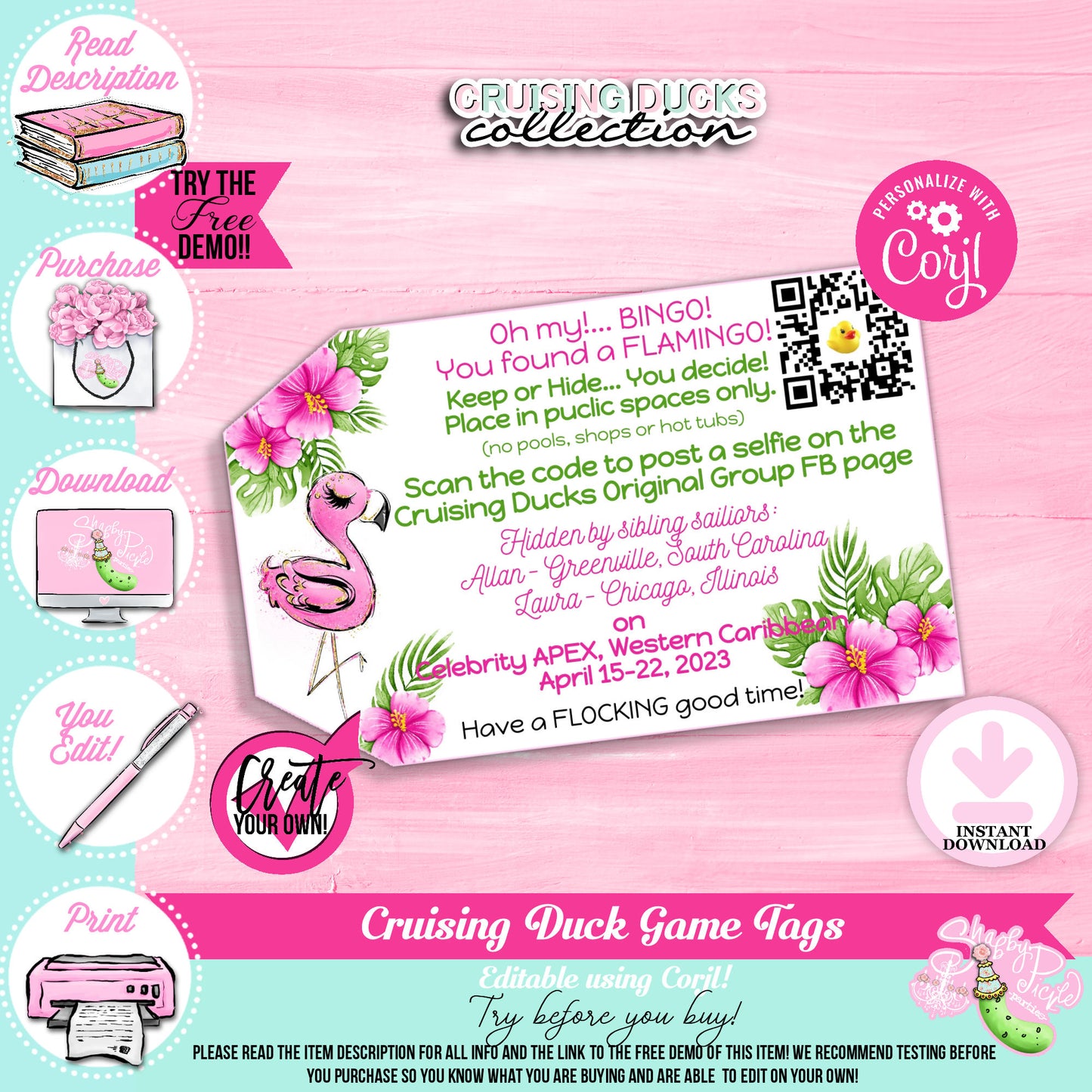 Cruising Duck Game-Flamingo1-Customize in Corjl-Cruise-Hidden Duck-Rubber Duckie-Rubber Flamingo-Cruising Flamingo-Print-INSTANT DOWNLOAD