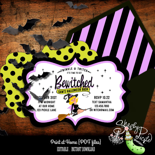 Bewitched-EDITABLE Invitations-Halloween Invites-Printable-Halloween Party-Edit Yourself-Print at Home-Witch-Broom-Holiday-Instant DOWNLOAD