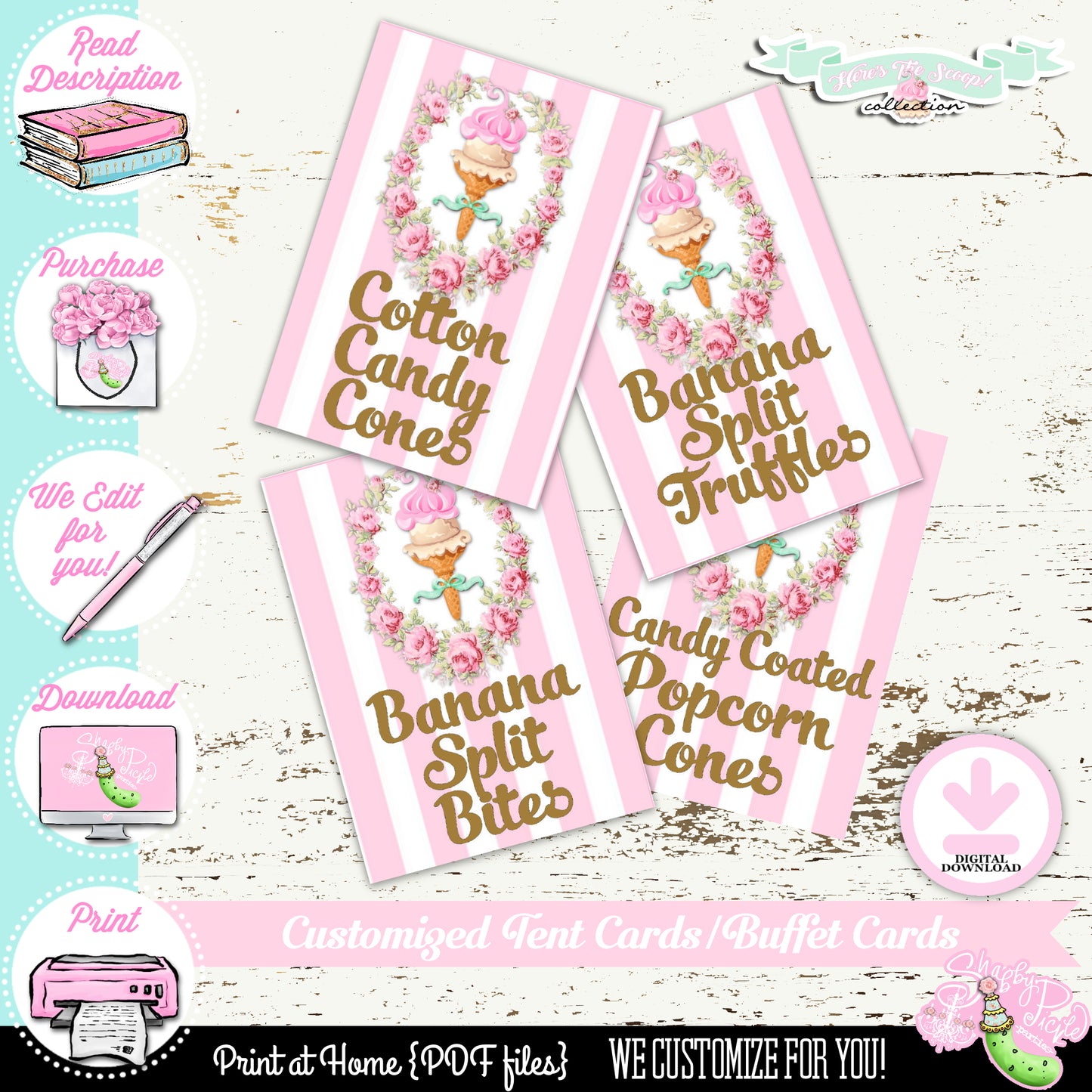 Heres The Scoop-Birthday-Buffet Cards-We Customize-Tent Cards-Ice Cream Shop-Ice Cream Parlor-Ice Cream Party-Printable-DIGITAL DOWNLOAD