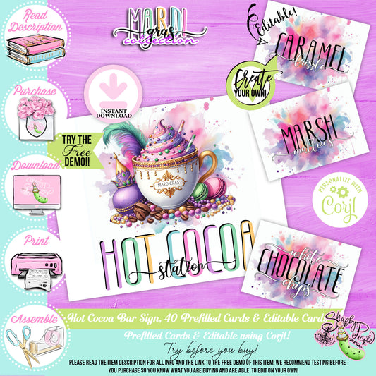 Mardi Gras-Hot Cocoa Bar-Edit Cards in Corjl-Hot Chocolate Station-Mardi Gras Theme-Fat Tuesday-Party Printable-Digital-INSTANT DOWNLOAD