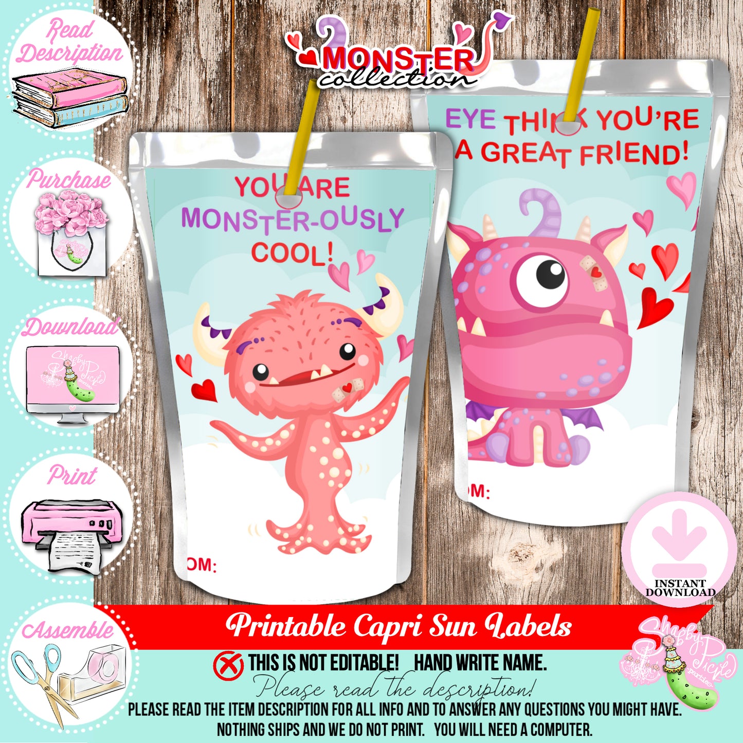 Valentine's Monsters-Capri Sun Labels-4 Styles-Valentine's Day-Class Room Party-Valentine-Digital-INSTANT DOWNLOAD