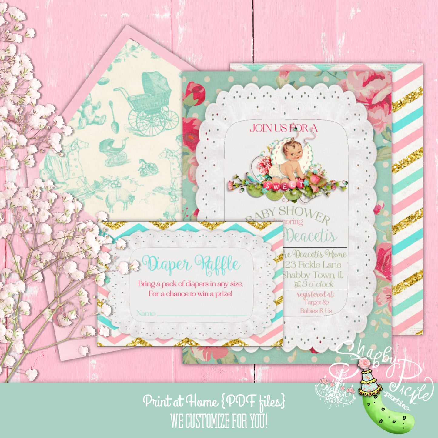 Shabby Baby Invitation-Baby Shower-Gender Reveal-New Baby-Envelope Liner-Diaper Raffle-Print at Home-Printable Invites-DIGITAL DOWNLOAD