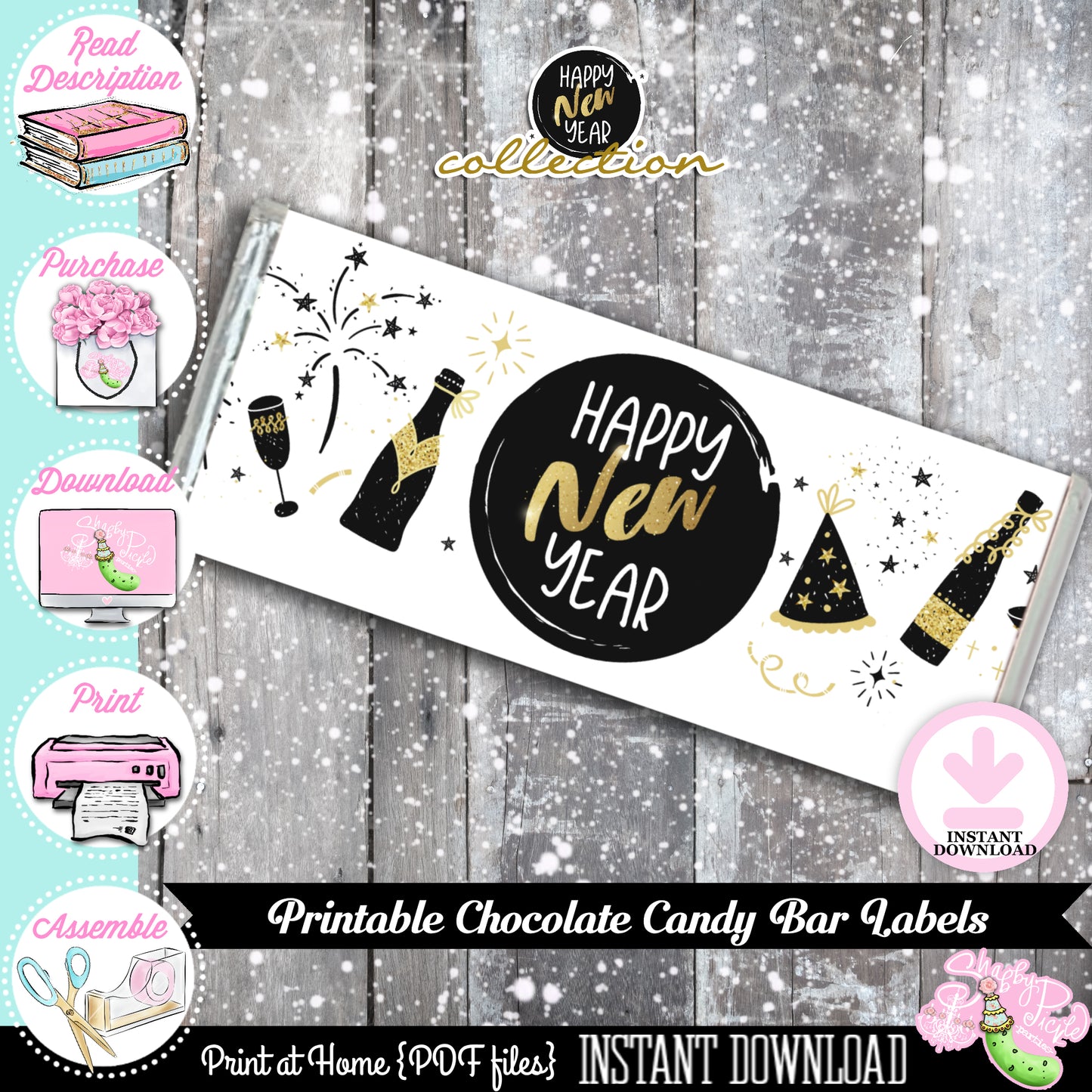 New Years-Gold-Chocolate Bar Wrapper-Candy Bar Wrapper-New Year's Eve Party-Hershey-Printable-Happy New Year-Hershey Bar-INSTANT DOWNLOAD