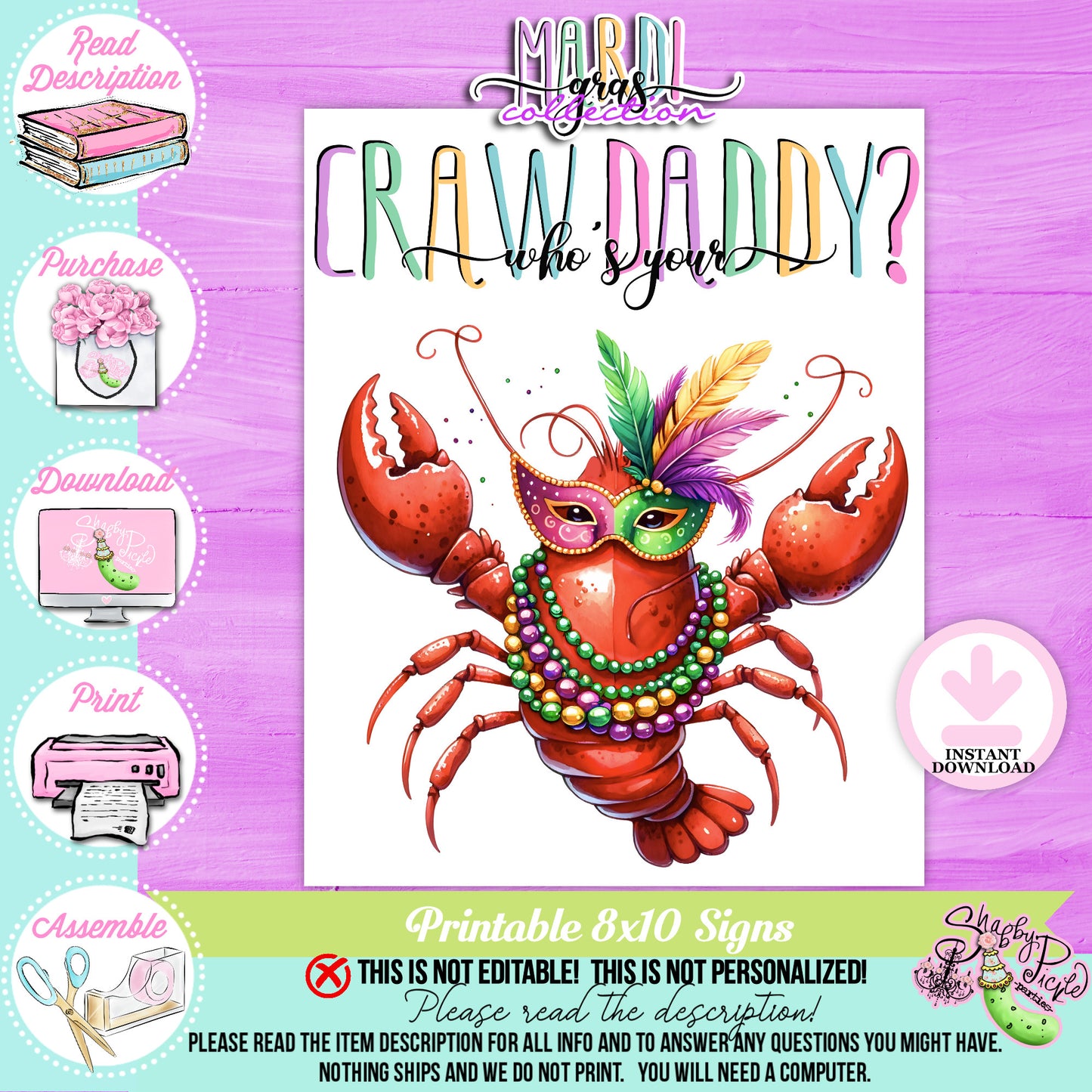 Mardi Gras-Party Signs-Who's Your Crawdaddy Sign-Crawfish Sign-Mardi Gras Theme-Fat Tuesday-Party Printable-Digital-INSTANT DOWNLOAD