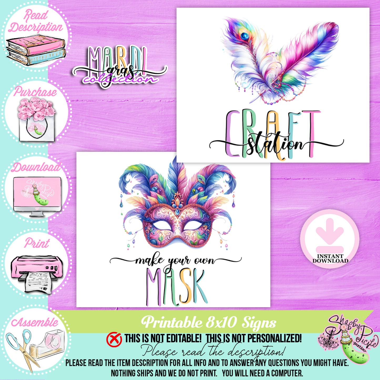 Mardi Gras-Party Signs-Craft Signs-Make Your Own Masks Sign-Mardi Gras Theme-Fat Tuesday-Party Printable-Digital-INSTANT DOWNLOAD