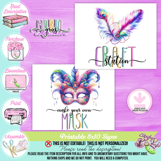 Mardi Gras-Party Signs-Craft Signs-Make Your Own Masks Sign-Mardi Gras Theme-Fat Tuesday-Party Printable-Digital-INSTANT DOWNLOAD