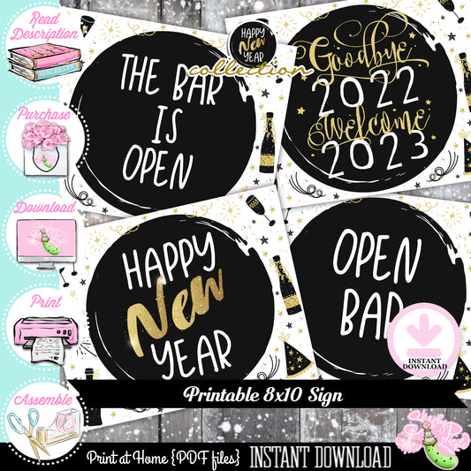 New Years-Gold-Party Signs-New Year's Eve Signs-8x10 Party Signs-New Year's Eve Party-Bar Signs-Printable-Happy New Year-INSTANT DOWNLOAD