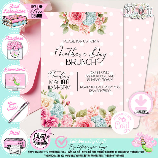 Mother's Day Brunch-Invitation-Customize All Text in Corjl ONLY-Mothers Day Party-Mother's Day Lunch-Potluck Party-Grandmother-Grandma-Mama-Mommy-Mom-INSTANT DOWNLOAD