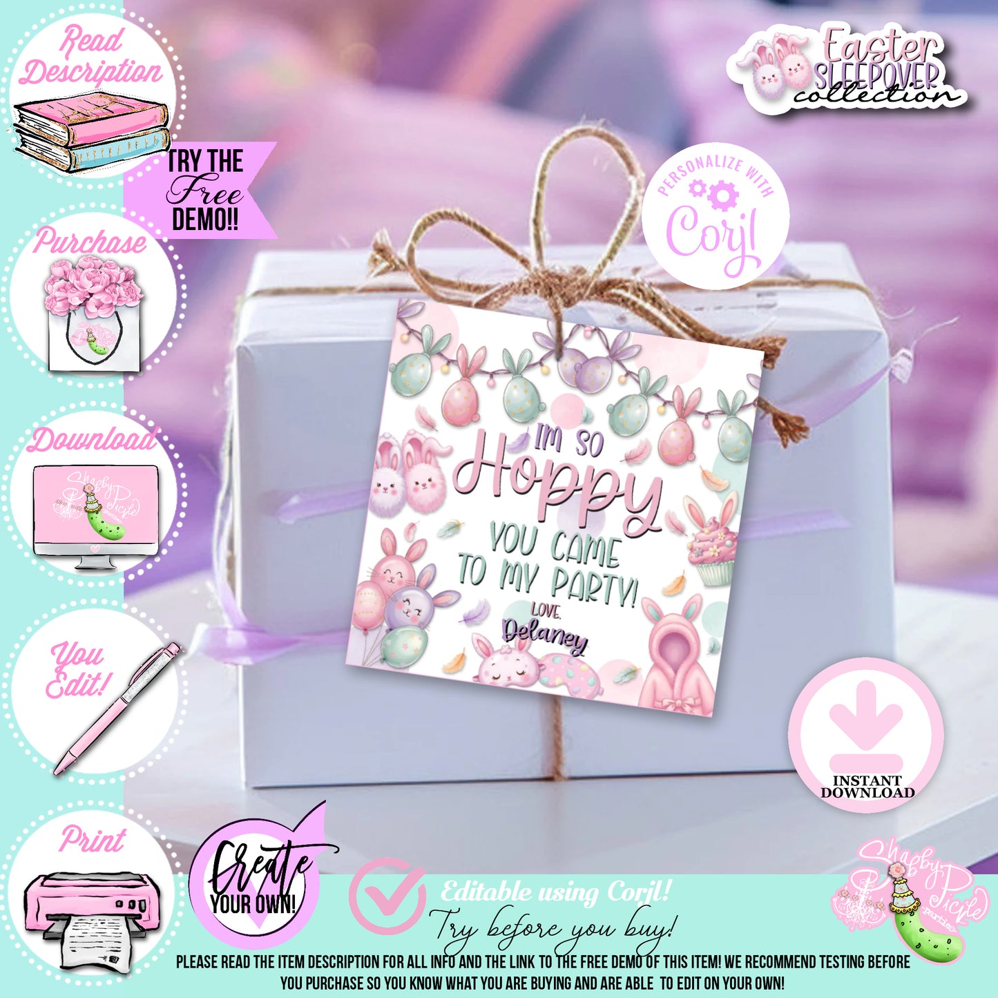 Easter Sleepover-Favor Tags-Edit in Corjl ONLY-Easter Slumber Party-Party Favor Tags-Thank You Tags-Easter Birthday-Easter Party-Happy Birthday-Birthday Sleepover-Birthday Slumber Party-INSTANT DOWNLOAD