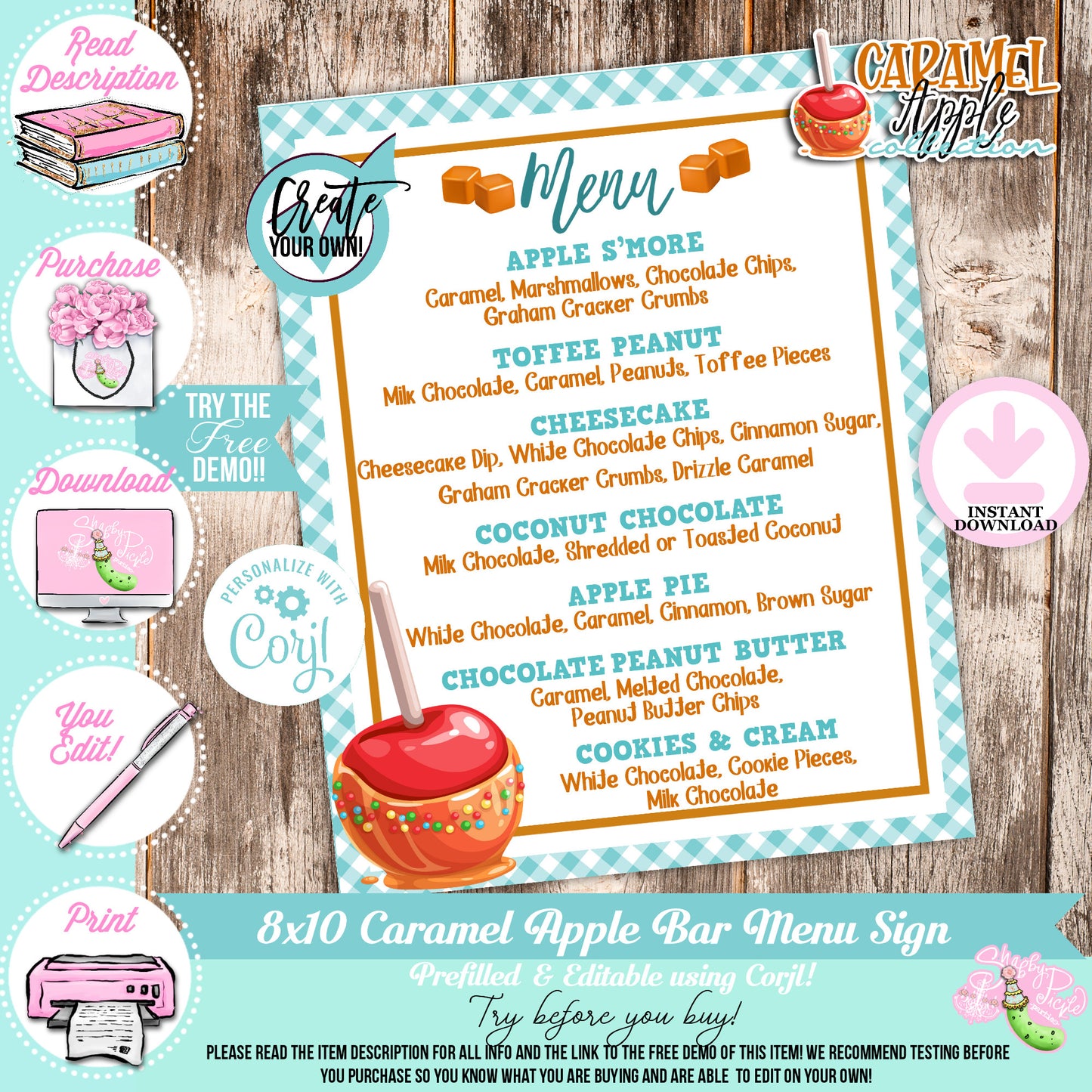 Caramel Apple-Caramel Apple Bar Menu-You Customize in Corjl-Toffee Apple-Caramel Apple Bar-Prefilled Menu-Digital-INSTANT DOWNLOAD