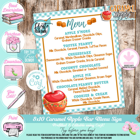 Caramel Apple-Caramel Apple Bar Menu-You Customize in Corjl-Toffee Apple-Caramel Apple Bar-Prefilled Menu-Digital-INSTANT DOWNLOAD