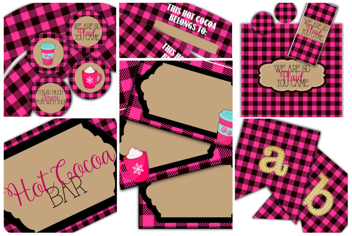 Plaid You Came Pink-FULL Party Printable-All You Need-Hot Cocoa Bar-Pink Plaid-Shabby Chic Parties-DIY-Instant Download-Digital Decorations