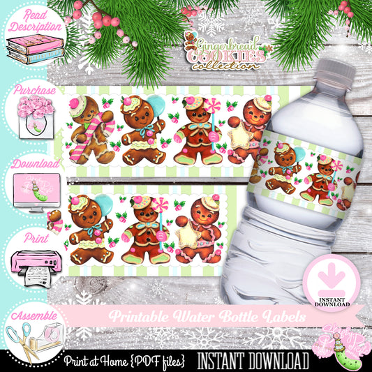 Gingerbread Cookies-Water Bottle Labels-Drink Wrappers-Cookie Decorating-Gingerbread Decorating-Printable-Christmas Party-INSTANT DOWNLOAD