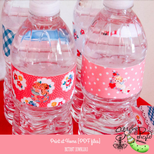 Vintage Valentine Water Bottle Labels-Wrappers & Bonus Straw Flags-Add-on Party Printable-Shabby Chic Parties-Party Favors--INSTANT DOWNLOAD