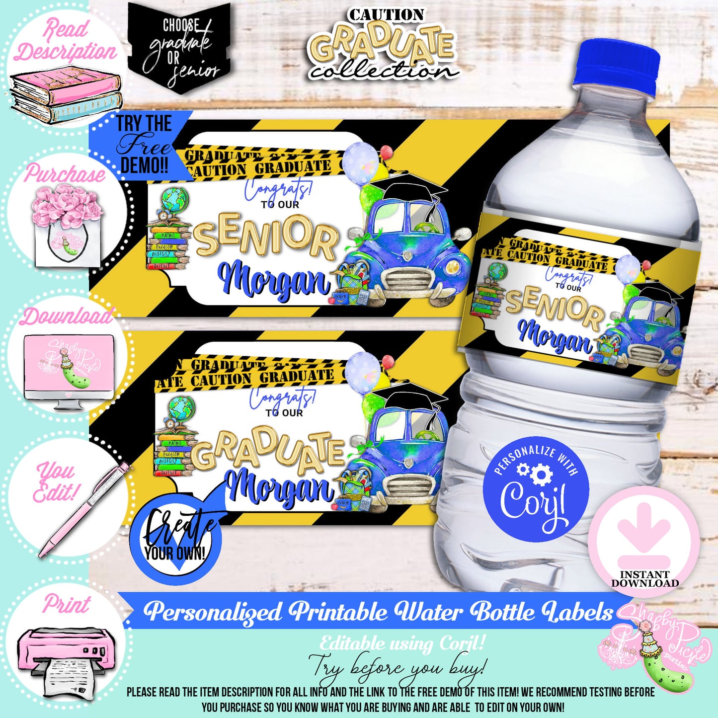 Caution Graduate-Blue-Water Bottle Labels-Edit in Corjl-Grad-Graduation-8th Grade Graduation-High School-College-Class of-INSTANT DOWNLOAD