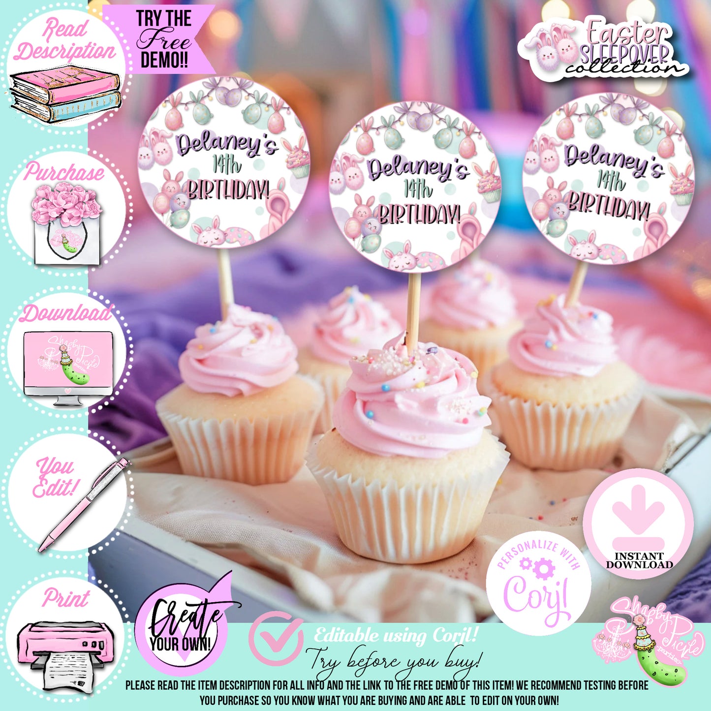 Easter Sleepover-Cupcake Toppers-Edit in Corjl ONLY-Easter Slumber Party-Logos-Round Favor Tags-Easter Birthday-Easter Party-Happy Birthday-Birthday Sleepover-Birthday Slumber Party-INSTANT DOWNLOAD