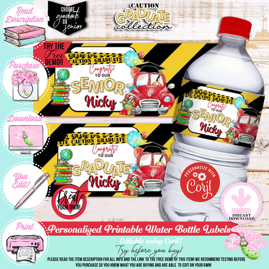 Caution Graduate-Red-Water Bottle Labels-Edit in Corjl-Grad-Graduation-8th Grade Graduation-High School-College-Class of-INSTANT DOWNLOAD