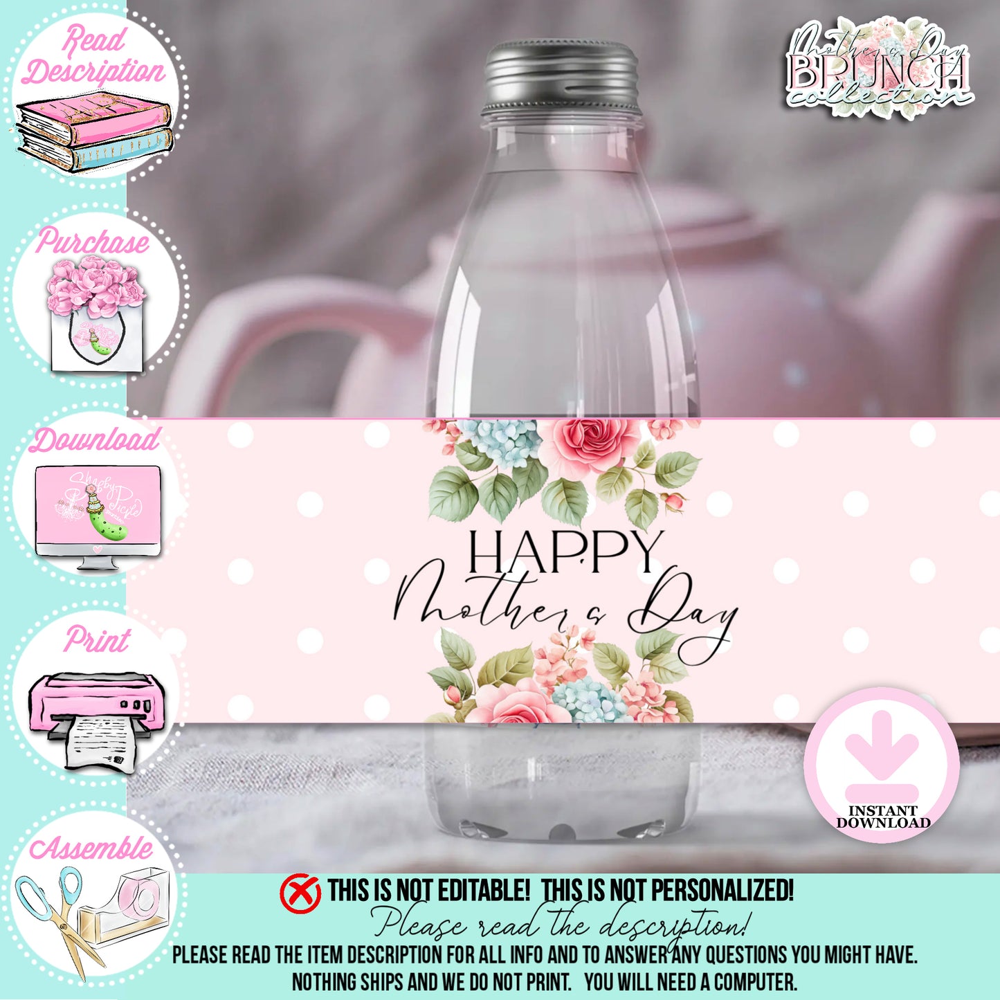 Mother's Day Brunch-Water Bottle Labels-Mothers Day Party-Mother's Day Tea-Mother's Day Lunch-Potluck Party-Grandmother-Grandma-Mama-Mommy-Mom-INSTANT DOWNLOAD