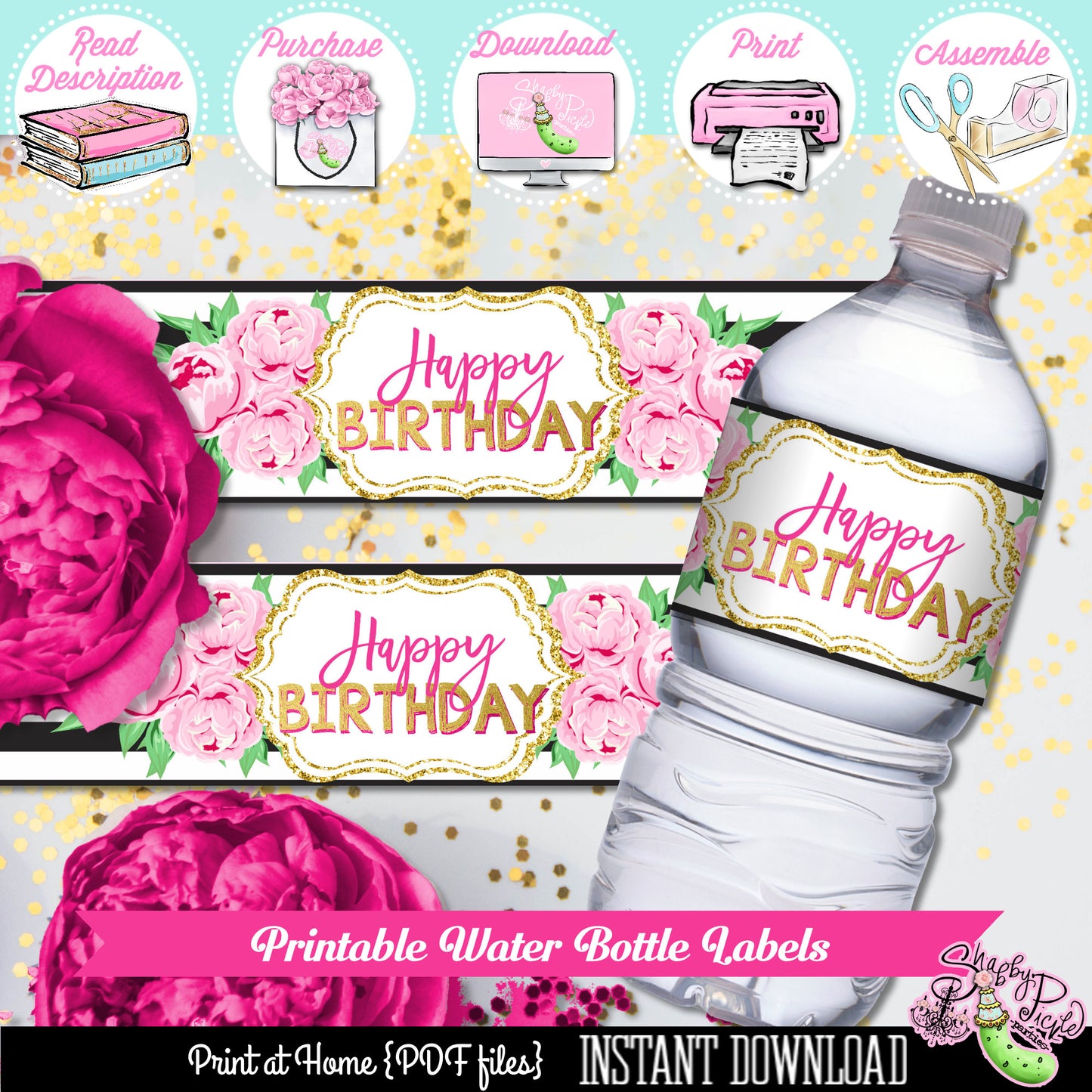 Kate Spade Birthday-Water Bottle Labels Wrappers-Favor-Waterbottle Label-Birthday Party-Kate Spade Inspired-Printable-INSTANT DOWNLOAD