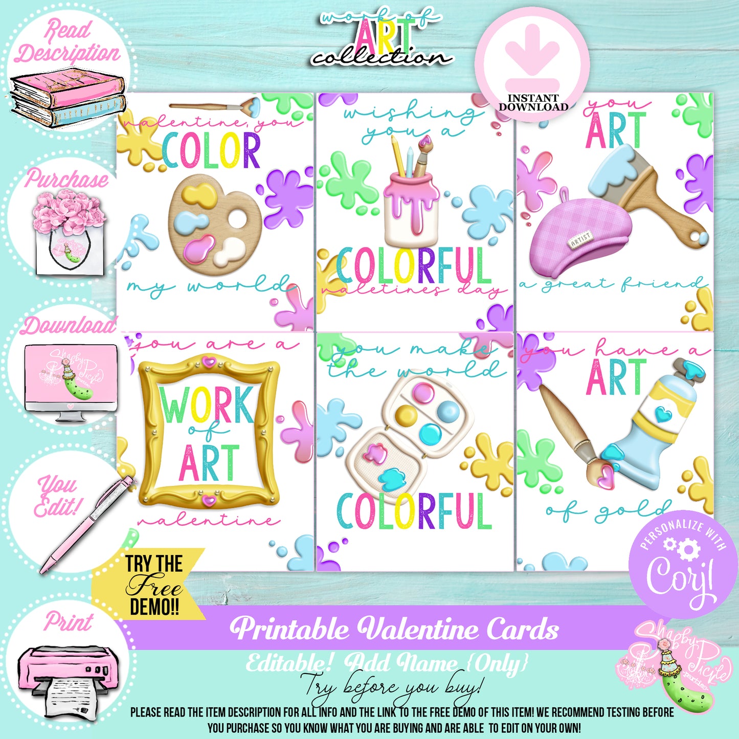 Valentine Art-Valentine's Day Cards-6 Styles-Class Favors-Edit in Corjl-Hand Write Name-Valentine's Day-Class Room Party-INSTANT DOWNLOAD