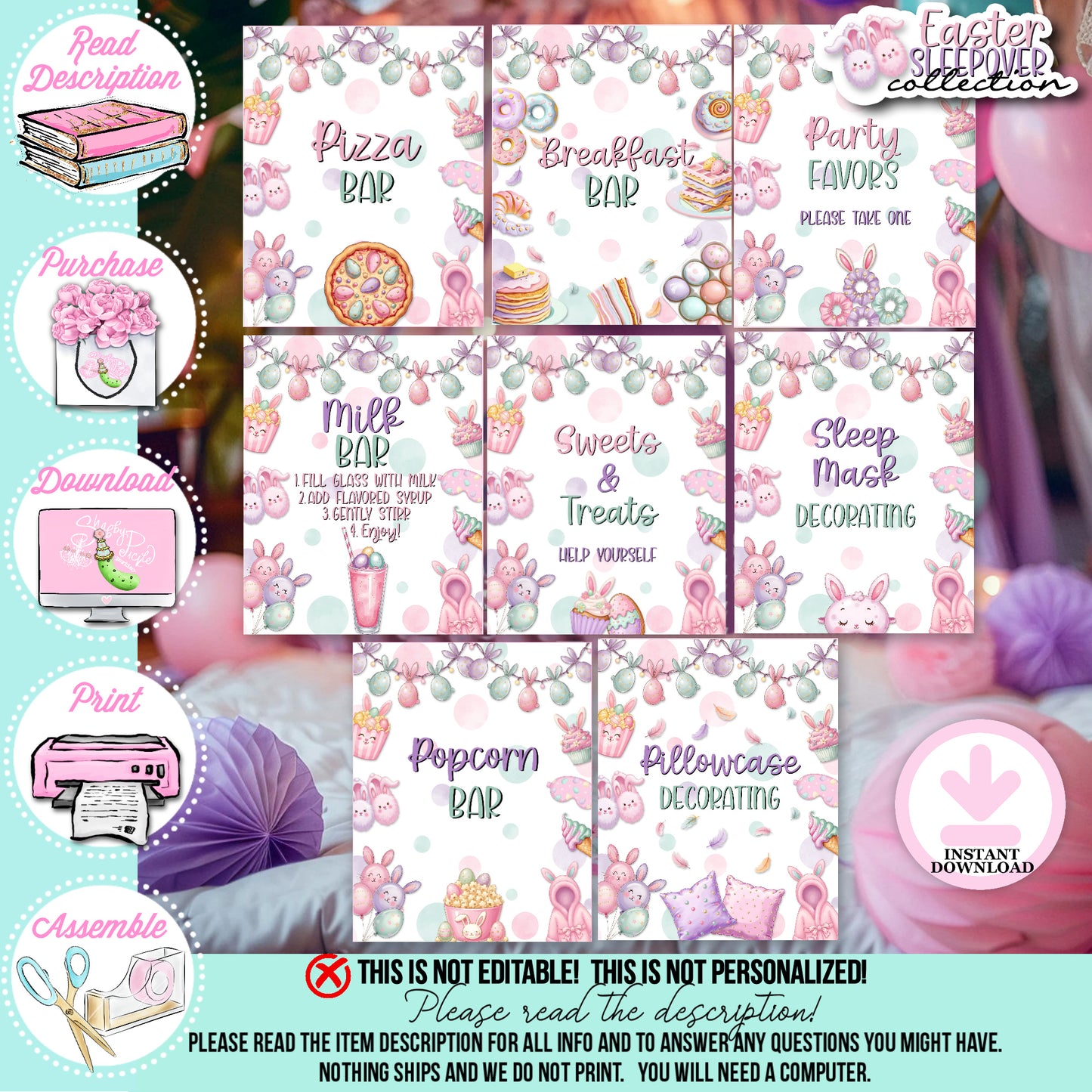 Easter Sleepover-{8} 8x10 Party Signs-Easter Slumber Party-Buffet Signs-Slumber Party Signs-Easter Birthday-Easter Party-Easter Sunday-Happy Birthday-Birthday Sleepover Party-Birthday Slumber Party-Bunny-INSTANT DOWNLOAD