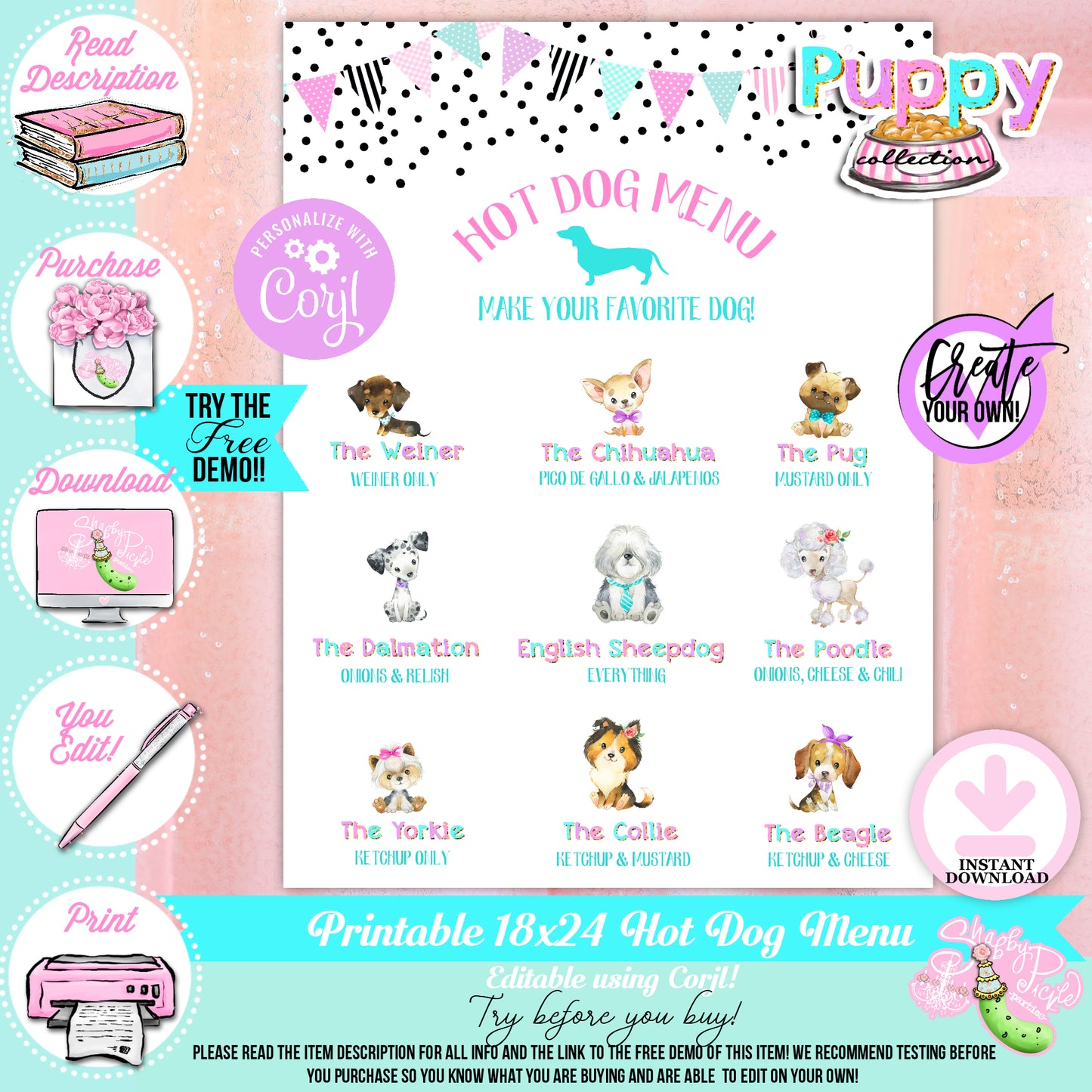 Puppy Pawty-18x24 Hot Dog Menu-Edit in Corjl-Add Text-Custom Name Your Hot Dogs-Puppy Party-Birthday-Personalize-Digital-INSTANT DOWNLOAD