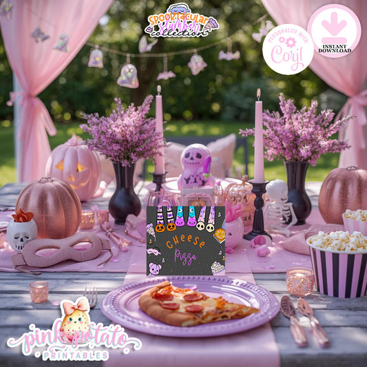 Spooktacular Slumber Party-Buffet Tent Cards-You Customize in Corjl-Place Cards-Food Labels-Sleepover-Halloween-Digital-DIGITAL DOWNLOAD