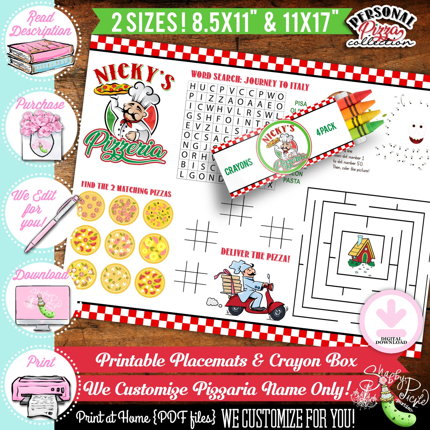 Personal Pizza-Placemat & Crayon Box-We Customize Pizzeria Name (Only)-Playset-Pizza Party-Kids Pizza Shop-Printable-DIGITAL DOWNLOAD