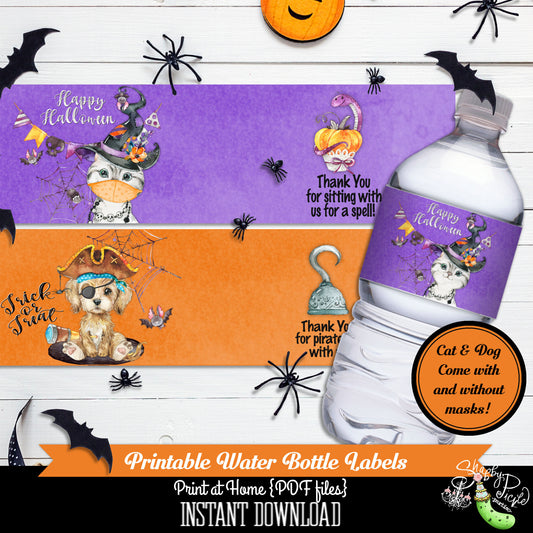 Halloween Cat & Dog-Water Bottle Labels-Halloween-Printable-Quarantine-Halloween Party-Covid Halloween-Pirate-Witch-INSTANT DOWNLOAD