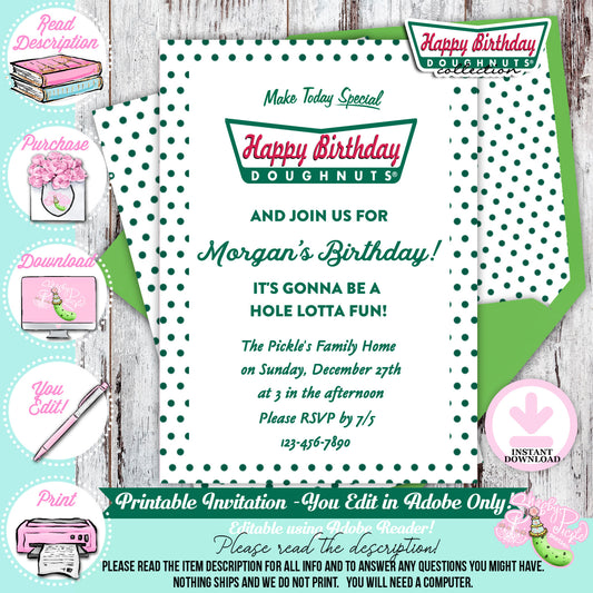 Krispy Kreme Birthday-Invitations-Editable in Adobe-Birthday Invite-Krispy Kreme Donuts-Donut Theme-Party Printable-Digital-INSTANT DOWNLOAD