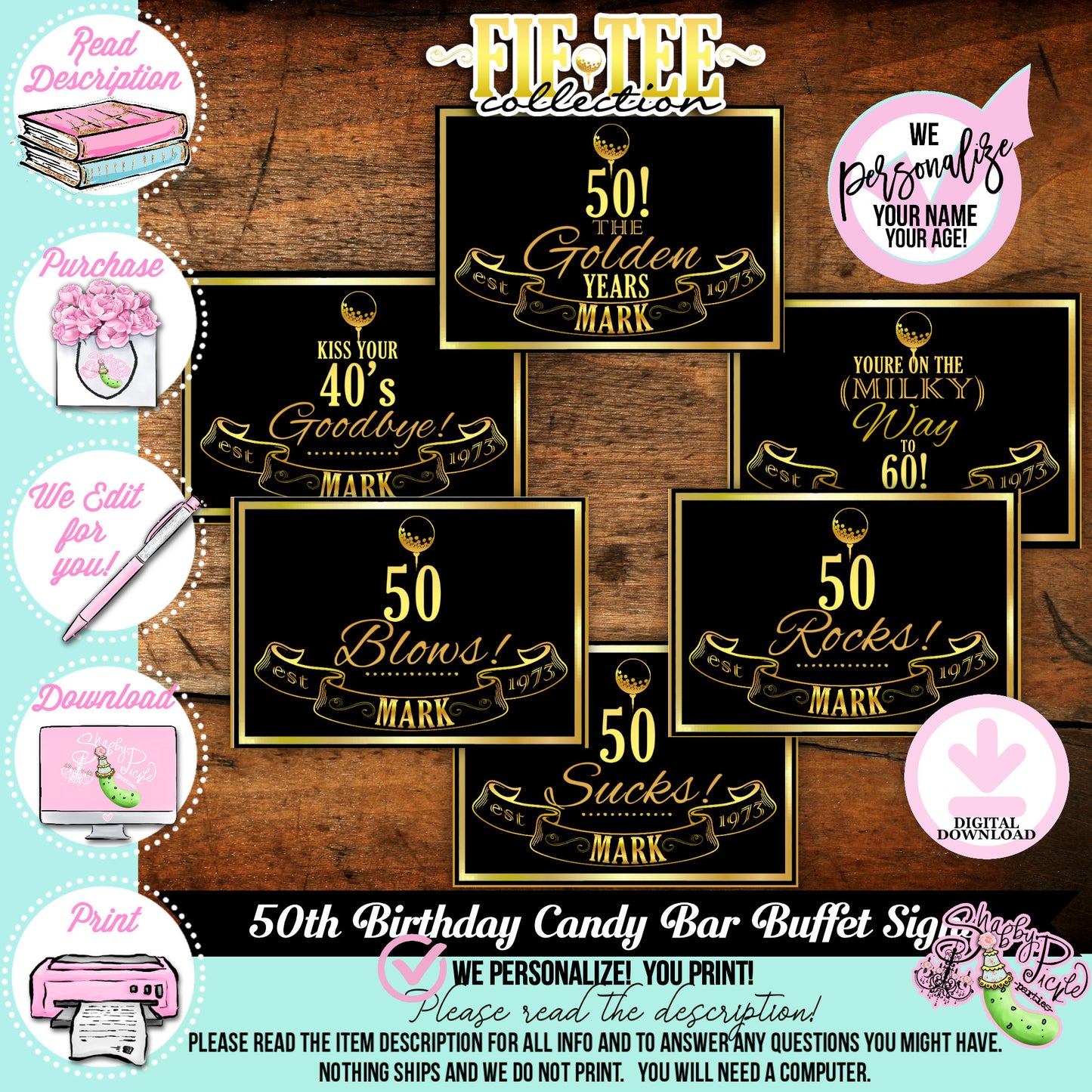 Fif-Tee-50th Golf Theme-Funny Candy Buffet Cards-Customized Name-Age 30th-40th-50th-60th-Party Printables-Golf Party-Men's Birthday-DOWNLOAD