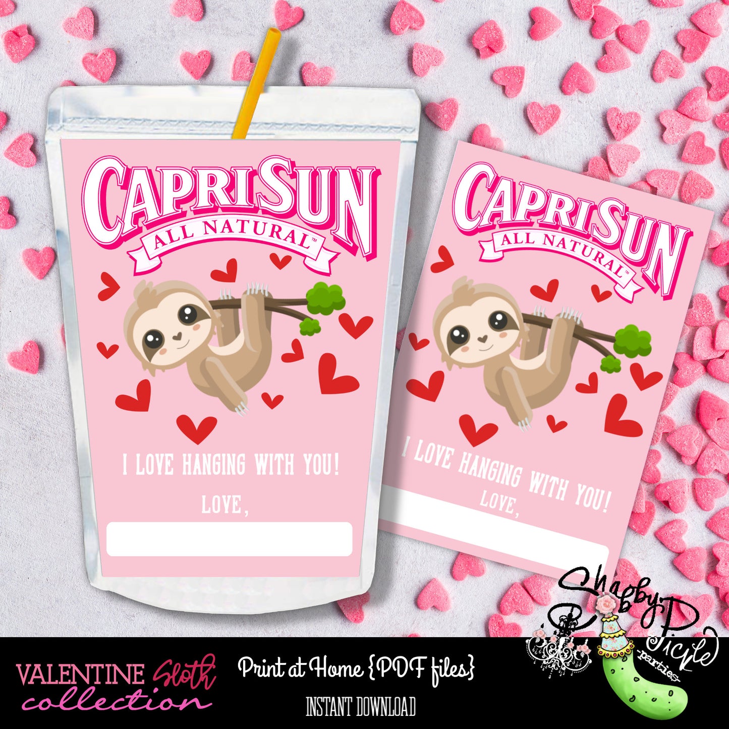 Valentines Day-Sloth-Capri Sun Label-Class Treat-Class Room Party-Valentine's Day-Favor-Holiday-Printables-Digital PartiesI-NSTANT DOWNLOAD