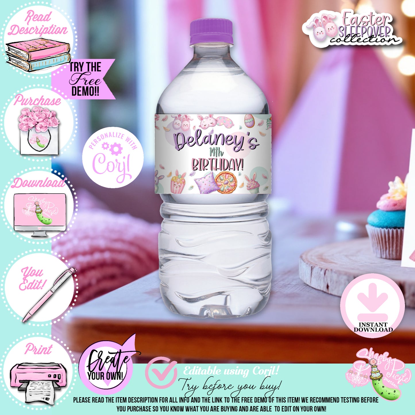 Easter Sleepover-Water Bottle Labels-Edit in Corjl ONLY-Easter Slumber Party-Water Bottle Wrapper-Easter Birthday-Easter Party-Happy Birthday-Birthday Sleepover-Birthday Slumber Party-INSTANT DOWNLOAD