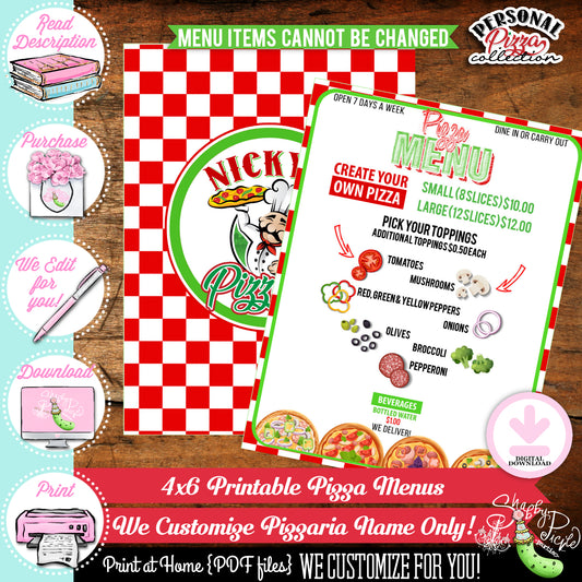 Personal Pizza-Menu-We Customize Pizzeria Name (Only)-4x6 Menu Font and Back-Playset-Pizza Party-Kids Pizza Shop-Printable-DIGITAL DOWNLOAD