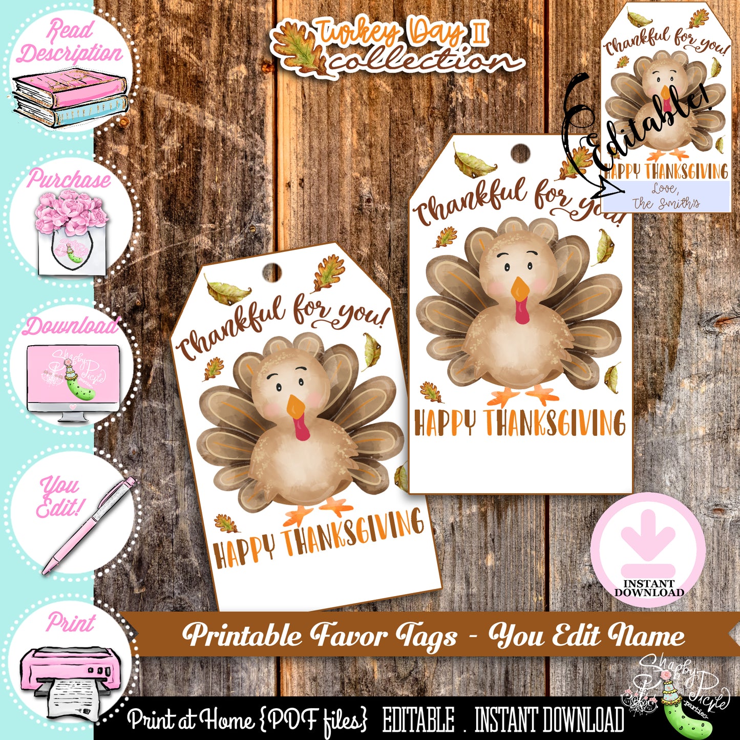 Turkey Day II-Editable Favor Tags-Printable-You Edit Name Only-Favor Cards-Thanksgiving Dinner-Holiday Party-INSTANT DOWNLOAD