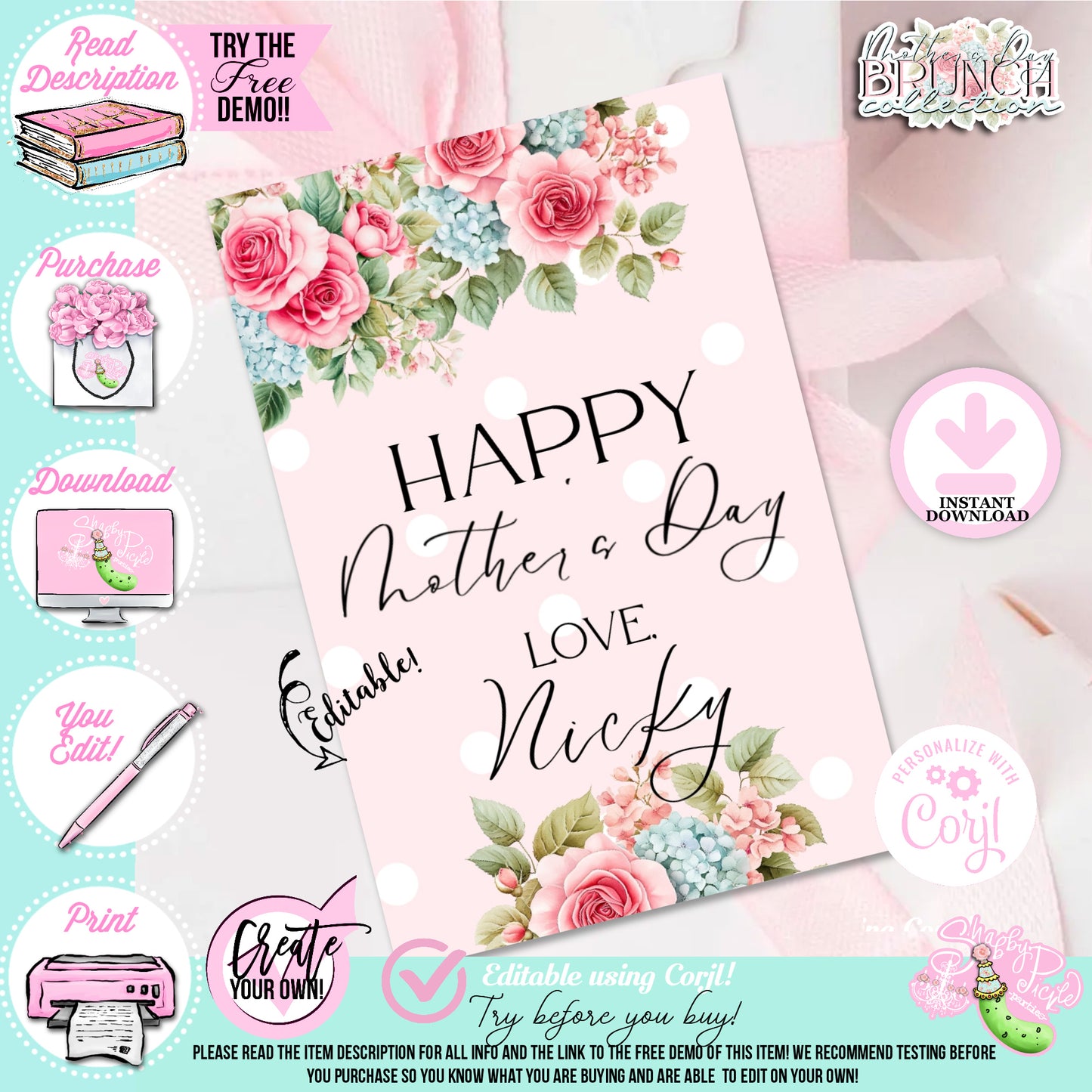 Mother's Day Brunch-Tags-Favor Tags-Gift Tags-Customize Your Name-You edit Name Only in Corjl ONLY-Mothers Day Party-Mother's Day Lunch-Potluck Party-Grandmother-Grandma-Mama-Mommy-Mom-INSTANT DOWNLOAD
