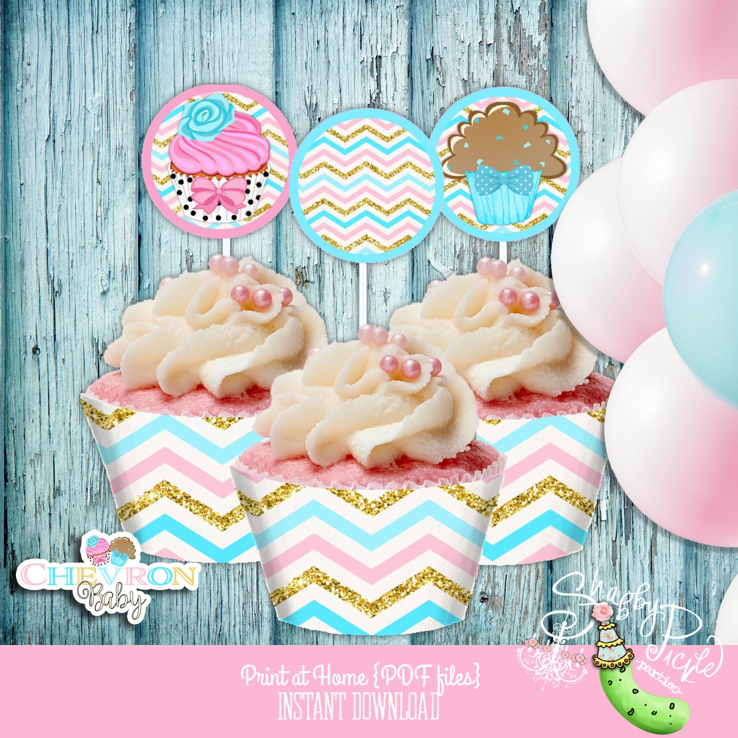 Chevron Baby-Cupcake Wraps & Toppers-Party Printables-Shabby Chic Parties-Gender Reveal-Baby Shower-Instant Download-INSTANT DOWNLOAD