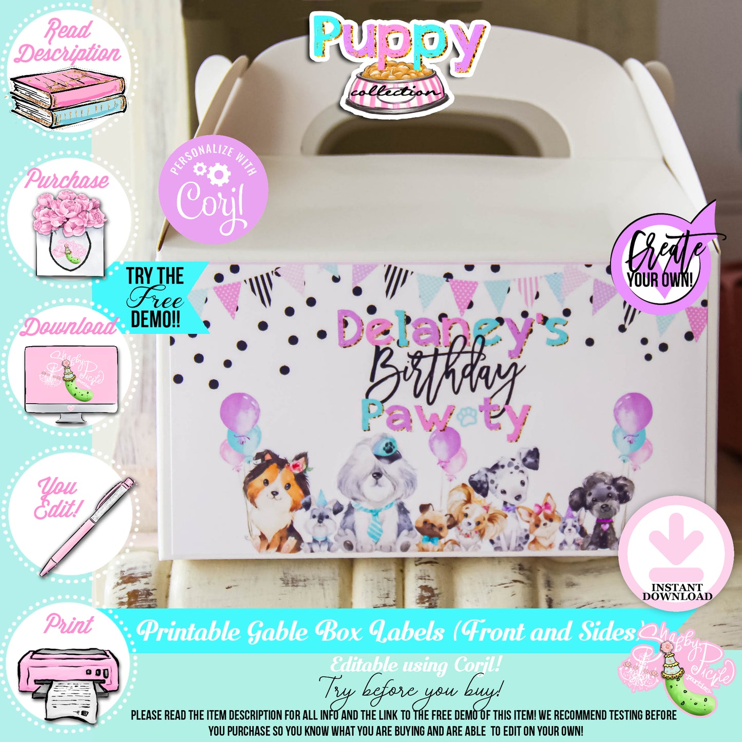 Puppy Pawty-Gable Box Labels-Edit in Corjl-Custom Name-Favor Boxes-Favor Box Label-Puppy Party-Birthday-Personalize-Digital-INSTANT DOWNLOAD