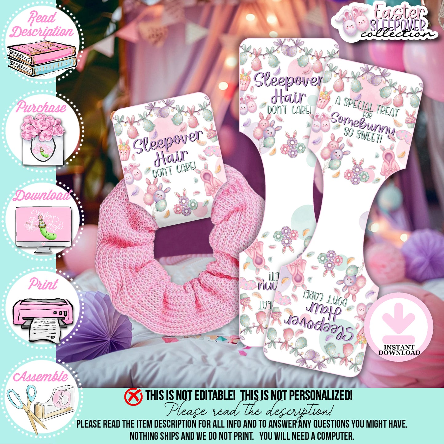 Easter Sleepover-Hair Scrunchie Holder-Easter Slumber Party-Scrunchie Tags-Easter Birthday-Easter Party-Easter Sunday-Happy Birthday-Birthday Sleepover Party-Birthday Slumber Party-Bunny-INSTANT DOWNLOAD