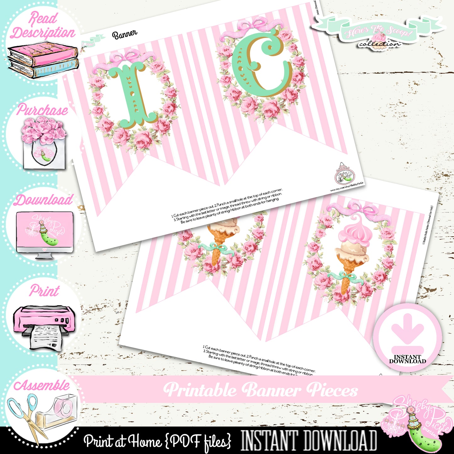 Heres The Scoop-Birthday-Banner Pieces-Ice Cream Shop-Ice Cream Parlor-Ice Cream Party-Gifts-Happy Birthday-Printable-INSTANT DOWNLOAD