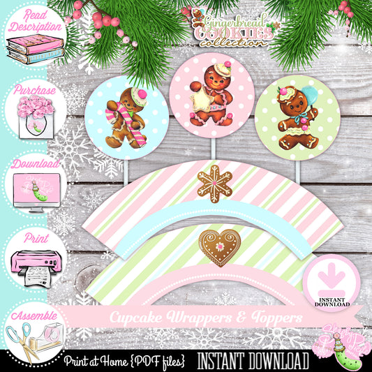 Gingerbread Cookies-Cupcake Wrappers & Toppers-Cookie Decorating Party-Gingerbread Decorating-Printable-Christmas Party-INSTANT DOWNLOAD