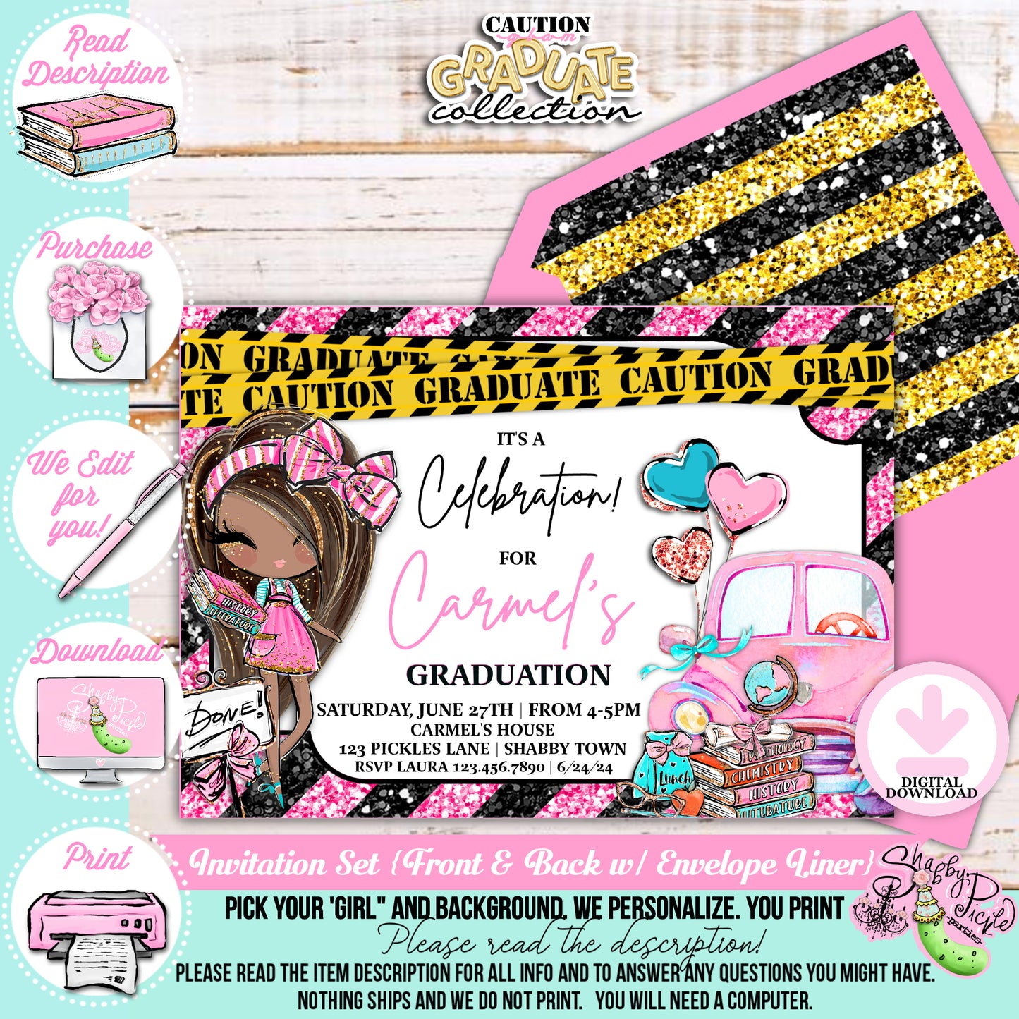 Caution Glam Graduate-Pink Glam Grad-We PERSONALIZE-Graduation Invitations-Pick The Girl-Graduation-High School-8th Grade-Class of-PRINTABLE